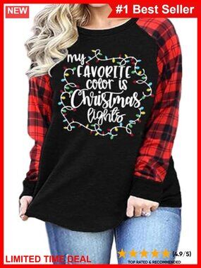 Plus Size Christmas Lights Plaid Raglan Long Sleeve T-Shirt Women Holiday Top